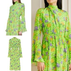 Les‎ Reveries Silk Lime Green With Purple & Gold Floral Print Midi Dress  6 EUC